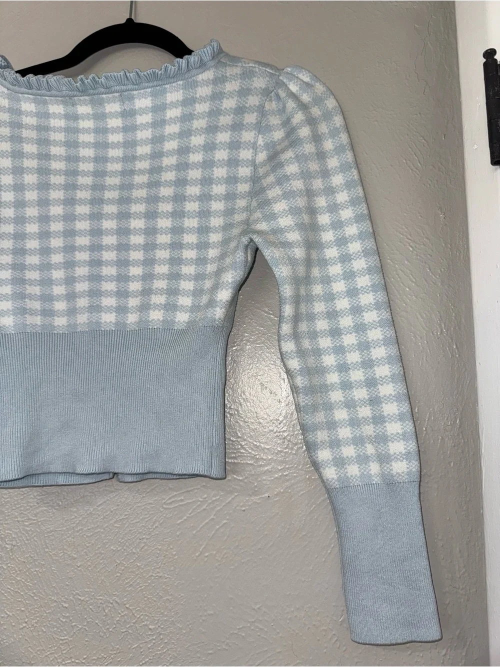 Urban Outfitters Light Blue Gingham Ruffle Trim Cardigan Cottage Core